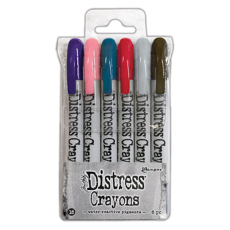 Distress Crayons are formulated to achieve vibrant coloring effects on porous surfaces for mixed-media. The smooth water-reactive pigments are ideal for creating brilliant backgrounds, water-coloring, smudge effects and more!