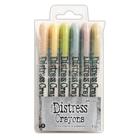 Distress Crayons are formulated to achieve vibrant coloring effects on porous surfaces for mixed-media. The smooth water-reactive pigments are ideal for creating brilliant backgrounds, water-coloring, smudge effects and more!