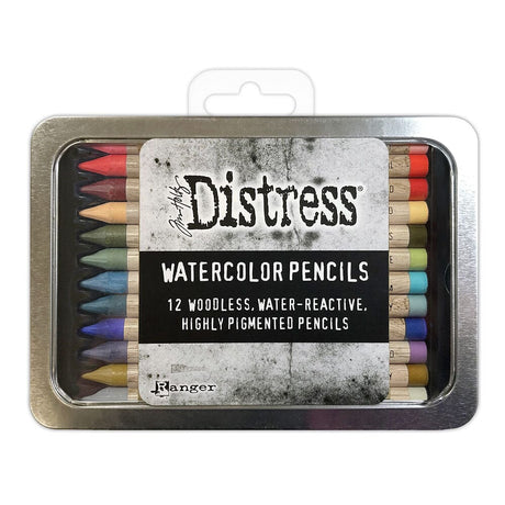 Tim Holtz Distress® Watercolor Pencils are woodless watercolor pencils formulated to achieve vibrant coloring effects on porous surfaces. The solid water-reactive pigments are ideal for watercoloring, shading, sketching and more!