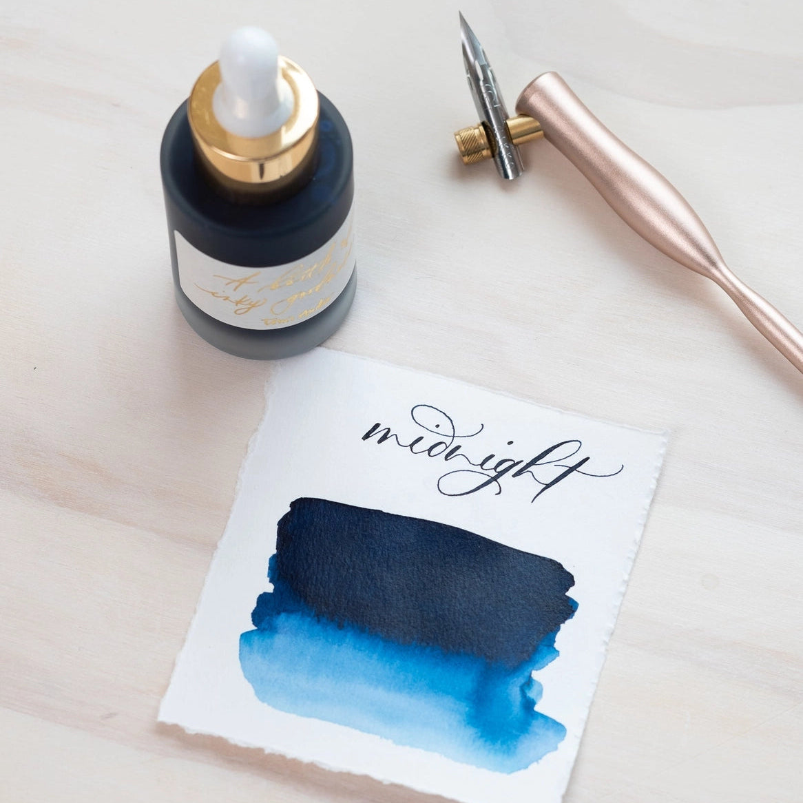 These acrylic inks truly are a celebration of Inky Goodness. Made in the UK and designed for smooth flow and rich color, perfect for calligraphy and illustration.

Recyclable glass bottle adorned with gold foiled paper label
Bottle comes with a handy pipette, making application easy
Lightfast, permanent and water resistant
Holds 30 ml of ink
Suitable for use with calligraphy and dip pens

Good to Know:

Not compatible with fountain pens or the Lumos Pro/Mini.
Shake well before use.