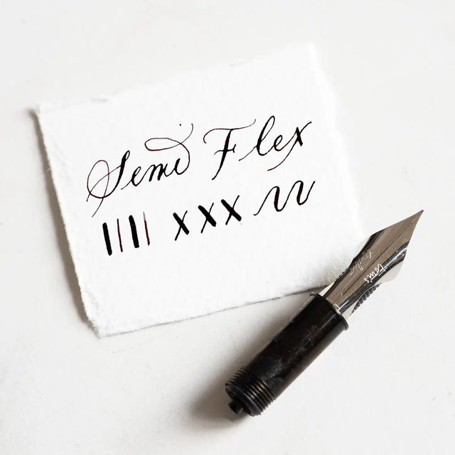 A beautiful extra fine fountain pen nib with flex! Made exclusively for our fountain pens, all of my nibs are tipped with incredibly hard-wearing iridium for super smooth writing, and are plated in a 14k gold or Stainless Steel for a classically stunning look. As a bonus all nibs can be interchanged so you can easily write in different styles whenever it suits you.

Extra Fine Semi-Flex - A beautiful extra fine fountain pen nib with flex! This is a great middle-ground between the Pro Flex and our classic fo