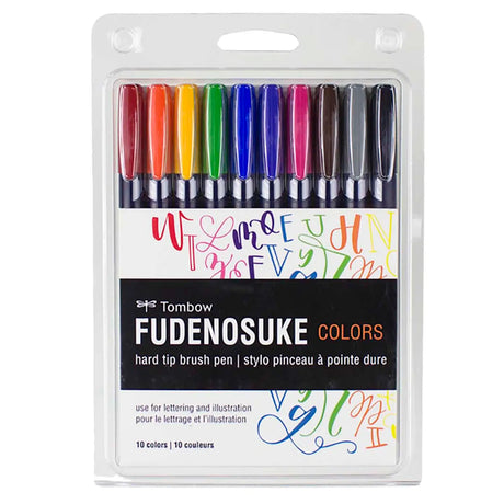 Tombow Fudenosuke Brush Pens with flexible brush tips allow easy transition from thick to thin lines by changing pen pressure. Markers feature water-based pigment ink that provides rich vibrant colors that won't bleed through most papers. Great for beginner brush calligraphy, hand lettering, and illustration. Non-refillable. Contains 10 hard tip Fudenosuke Brush Pens. Marker colors include: Black, Gray, Red, Orange, Yellow, Green, Blue, Purple, Pink, and Brown.