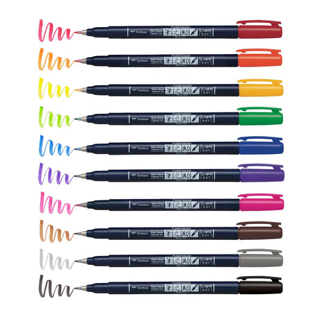 Tombow Fudenosuke Brush Pens with flexible brush tips allow easy transition from thick to thin lines by changing pen pressure. Markers feature water-based pigment ink that provides rich vibrant colors that won't bleed through most papers. Great for beginner brush calligraphy, hand lettering, and illustration. Non-refillable. Contains 10 hard tip Fudenosuke Brush Pens. Marker colors include: Black, Gray, Red, Orange, Yellow, Green, Blue, Purple, Pink, and Brown.