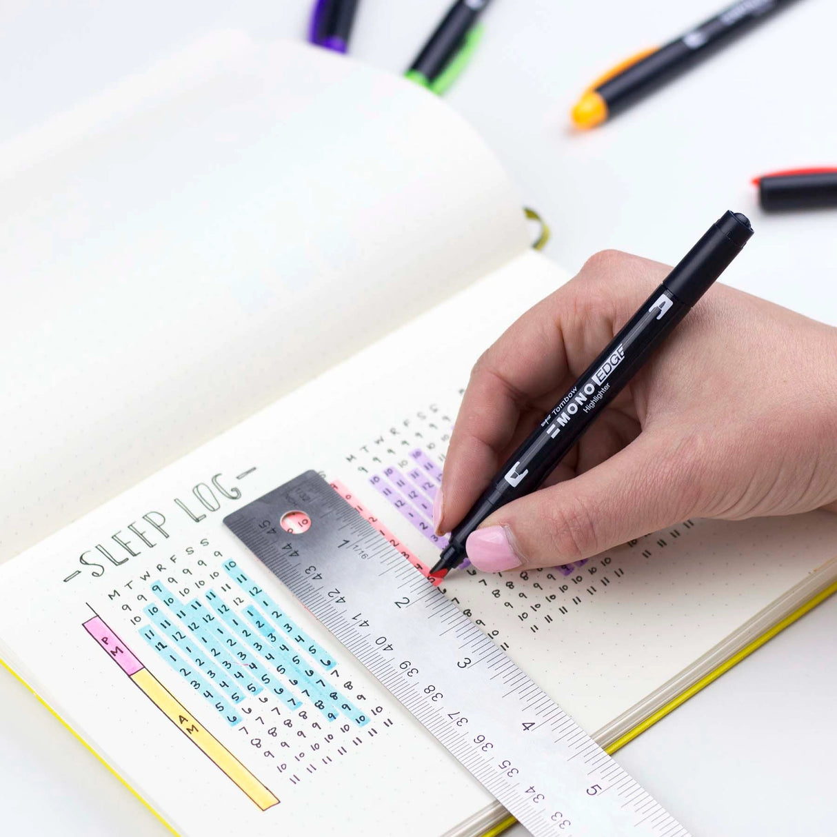 Dual tip highlighter with broad chisel tip and extra-fine bullet tip in one pen. Resin-coated tips and polymer-coated core prevent tip breakage or staining rulers, eliminating unwanted ink transfer. Protective plastic sleeve on chisel tip maintains shape even when using with metal rulers or stencils. Unique, vibrant colors are perfect for color-coding and decorating planners, journals, notebooks, and study guides. Fine tip works great for underlining text and writing margin notes. Fast-drying ink doesn’t sm