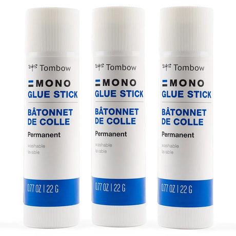 Craft glue stick value pack with 3 applicators. MONO Glue Sticks provide a strong, permanent bond with no messy liquid. Firm glue retains its shape during use and dries quickly. Works great on a variety of paper products, including cardstock, paperboard, and cardboard. Use for paper crafting, office or school projects. Washable. 0.35 oz (each).