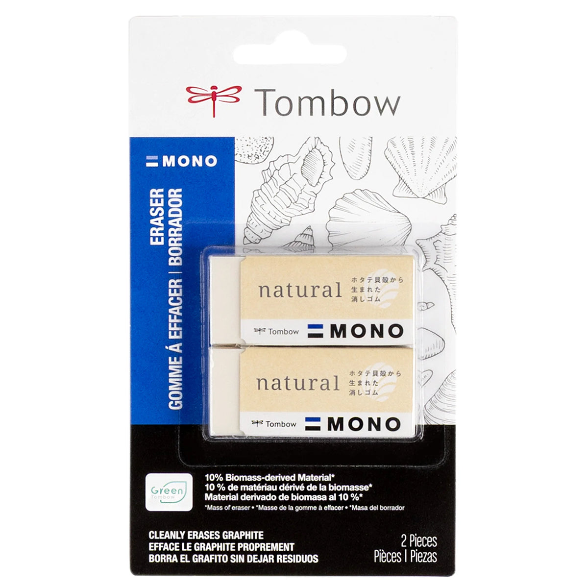 The MONO Natural Eraser is biomass-derived made from 10% scallop shells! This new environmentally friendly eraser offers the same high-quality performance as the original MONO Eraser, cleanly removing unwanted lines and marks with little pressure and without damaging paper.