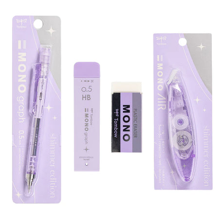 The Tombow Shimmer Stationery Set brings together four MONO favorites in a cohesive, shimmering design that adds a bit of shine to everyday stationery. Each set is thoughtfully curated to include the essentials you reach for most, all in a matching finish that feels special without sacrificing performance.&nbsp;

The MONO Graph Mechanical Pencil features Tombow’s shake mechanism for quick lead advancement and a shake lock to prevent accidental extension. The MONO Eraser delivers clean, precise erasing, whil