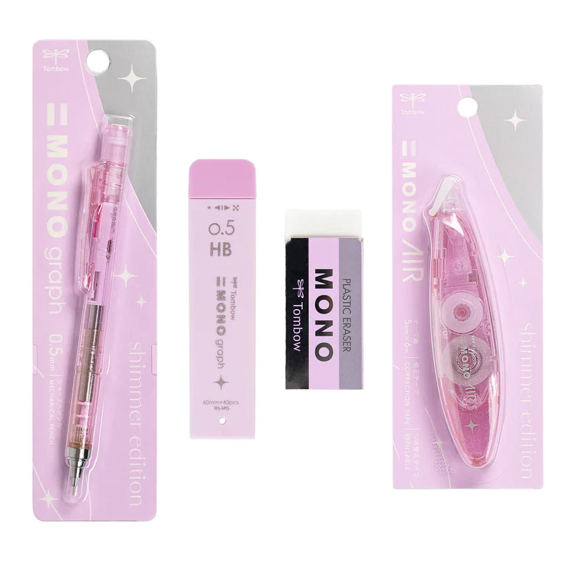 The Tombow Shimmer Stationery Set brings together four MONO favorites in a cohesive, shimmering design that adds a bit of shine to everyday stationery. Each set is thoughtfully curated to include the essentials you reach for most, all in a matching finish that feels special without sacrificing performance. 

The MONO Graph Mechanical Pencil features Tombow’s shake mechanism for quick lead advancement and a shake lock to prevent accidental extension. The MONO Eraser delivers clean, precise erasing, while 0.5