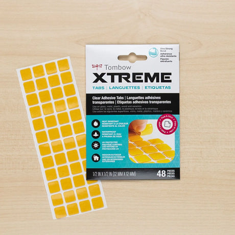 Tombow Xtreme Tabs provide a high-performance, ultra-strong bond for demanding projects. Clear adhesive tabs instantly bond to metal, glass, plastic, wood, and ceramics with no drying time or mess. Ideal for securing heavy embellishments, repairs, and DIY projects.