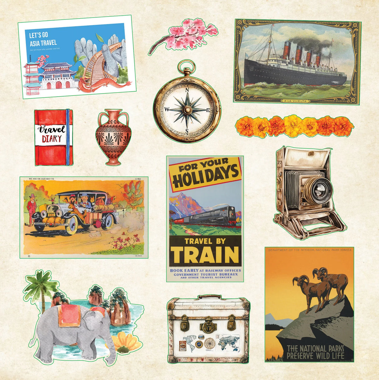 Here is a richly packed sticker book designed for wanderlusters, memory-keepers, and anyone who loves turning their journal or planner into a visual travelogue!

With 50 vibrant pages and more than 700 stickers, it's a treasure trove of global imagery ready to spark your next adventure!