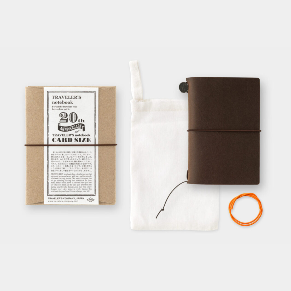 To commemorate this 20th anniversary, we’ve created a new size of TRAVELER’S notebook.

It is TRAVELER’S notebook Card Size. This TRAVELER’S notebook is always with you, even in your daily life. Whether it’s a sudden idea, information you learned or overheard, or something important you don’t want to forget— whenever and wherever you feel like writing, you can quickly grab the notebook and jot it down.