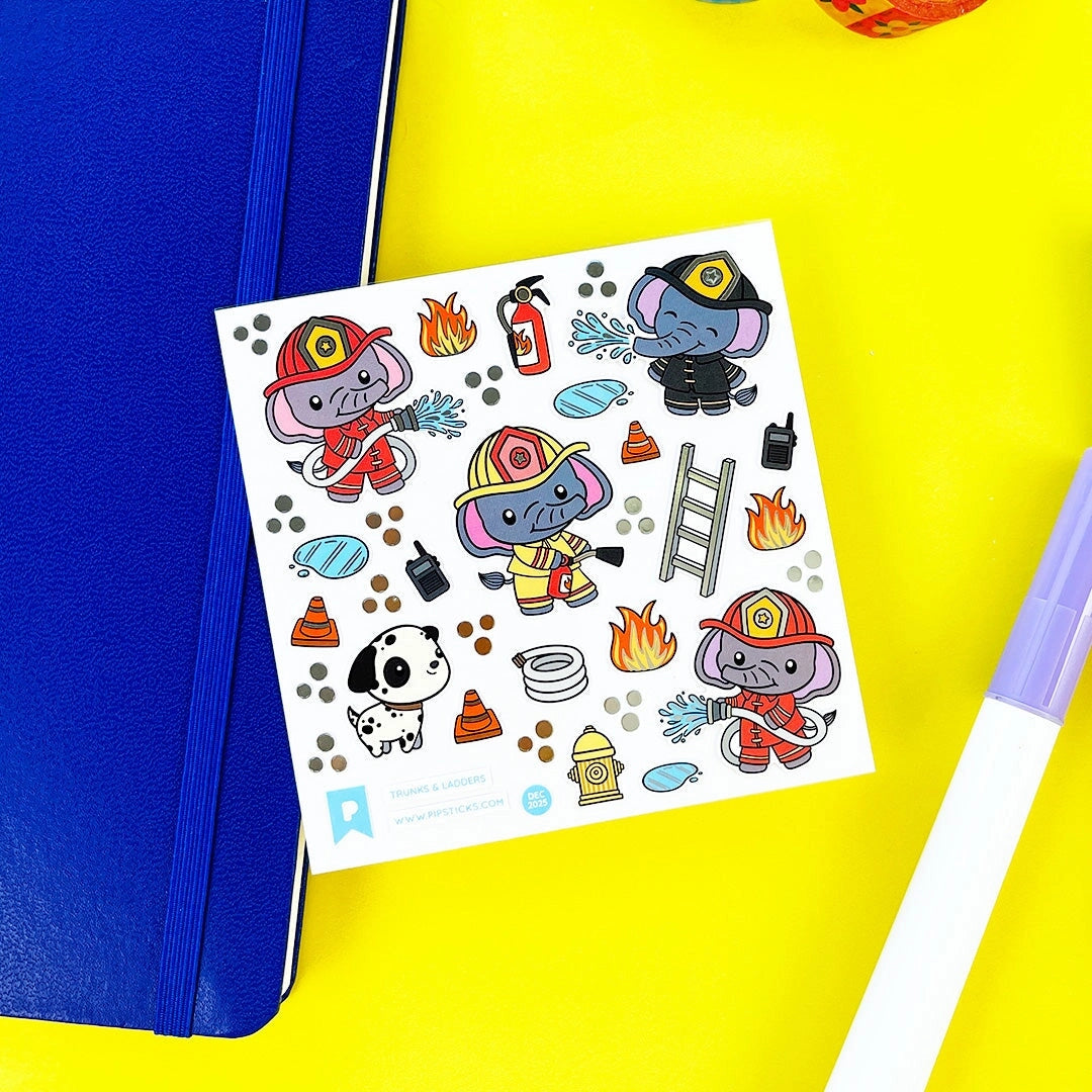 PipStickers are the PERFECT gift for the sticker lover in your life - even if it's you! These unique PVC designs with silver foil accents come on a clear backing and cannot be found anywhere else.

Includes one 4" x 4" sheet of Trunks & Ladders PipStickers and includes the Pipsticks manifesto.


