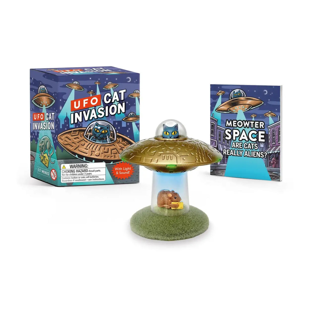 Ufo Cat Invasion: with Light and Sound!

Have you ever wondered if your cat is an alien from outer space? UFO Cat Invasion just might make you a believer!

Specifications: 3-inch diameter spaceship with a cat in the cockpit
Loads of special effects: Spaceship features multiple light and sound effects and a magnetic mouse-catching feature (miniature mouse included)
Display stand: a transparent stand allows you to rest and display your spaceship when not in use
Miniature book: an illustrated, 32-page mini boo