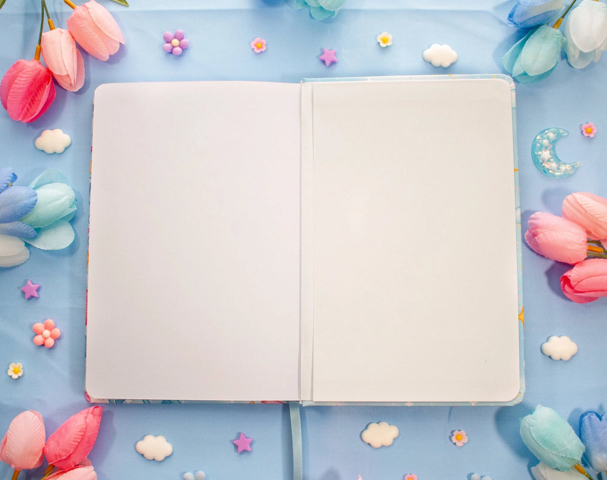 ✧Size &amp; Materials✧

Size: A5 (approximately 5.8 x 8.3 inches)
Smooth hardcover, rounded corners
160 dot grid pages, 140 gsm
Includes ribbon bookmark, elastic band, and back pocket