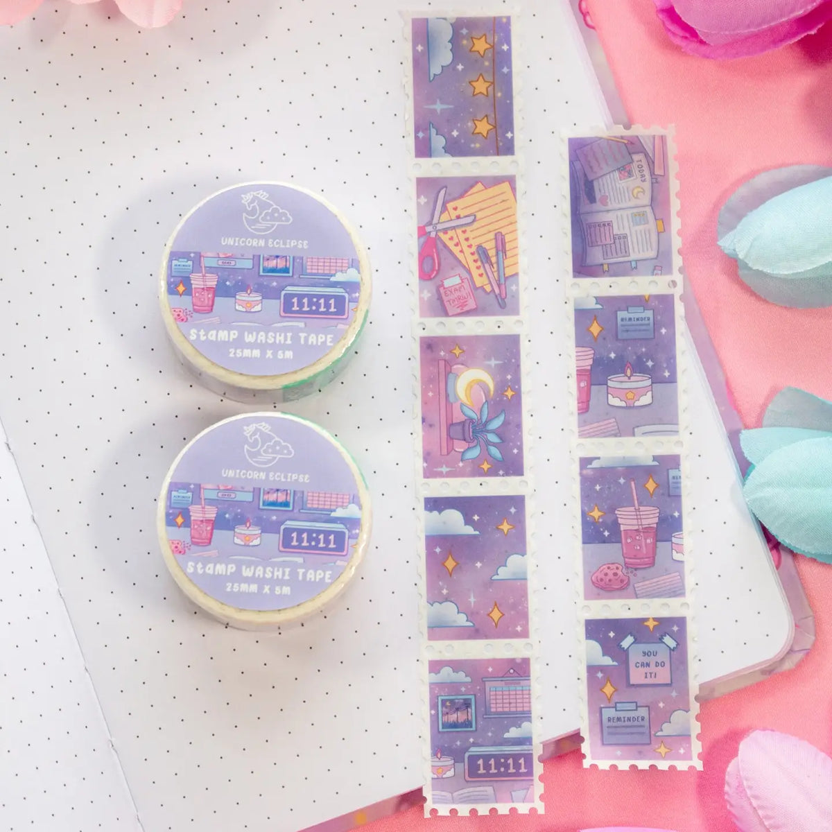 Unicorn Eclipse - Study Night Stamp Washi Tape

1 roll: 25mm x 5m
Made of eco-friendly adhesive paper materials
Easily removable with no residue

✧Notes✧ Please note that color on images may vary from monitor to monitor due to photographing, lighting and screen settings. Minor errors may be possible as these stickers are handmade.