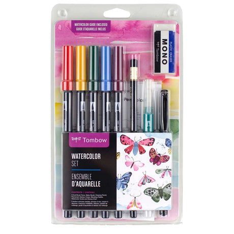Learn to use Tombow Dual Brush Pens to easily create watercolor art with the Tombow Watercolor Set. Includes a pamphlet with helpful tips and all the tools you need to start blending and mixing colors. Each set includes 5 Dual Brush Pens, Medium Water Brush, MONO Drawing Pencil, MONO Twin Permanent Marker, MONO Plastic Eraser, Blending Palette, Watercolor Guide, and Mixing Chart. Dual Brush Pen Colors Included: 885 Warm Red, 993 Chrome Orange, 249 Hunter Green, 526 True Blue, 757 Port Red.