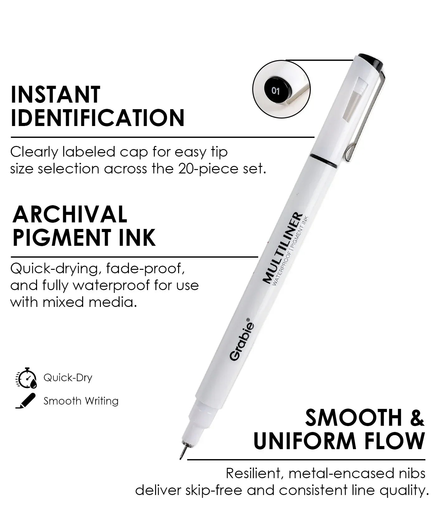 THE GRABIE ARCHIVAL PROMISE - Draw with unrivaled confidence knowing our fade-proof pigment ink is fast-drying and boasts uncompromising waterproof performance across every single tip. This ensures your lines stay crisp, permanent, and bleed-free, even on the most detailed work.