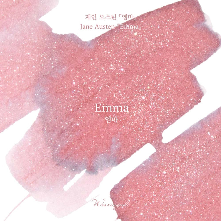 A tender rose quartze hue is veiled with graceful bluish tones, where silver and sapphire shimmer cast a cool, delicate sparkle across the surface, reflecting Emma's innocence and immaturity in how she so easily judged love.