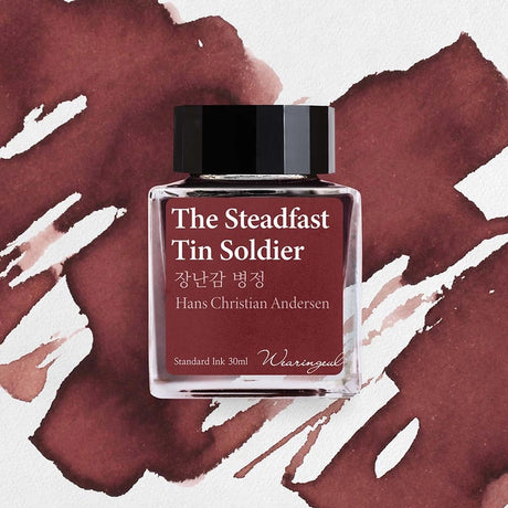 A reddish-brown ink capturing the final moment of the one-legged tin soldier as he vanishes into the fire. Its red-brown tone carries a quiet solitude, like the lingering heat of melted tin.