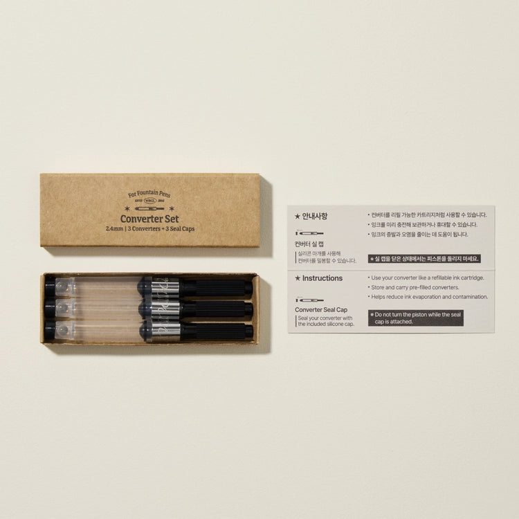 The Wearingeul Converter Set includes three converters with silicone caps, allowing you to use them in your fountain pen or conveniently store ink.&nbsp;

The silicone cap securely seals the converter opening effectively preventing ink evaporation and contamination.&nbsp;

Prefill and store your preferred inks ahead of time, allowing for quick and hassle-free ink swaps whenever you want.&nbsp;

Compatible with Wearingeul fountain pens.&nbsp;

Please Note:&nbsp;

Remove the silicone cap before use. Do not tu