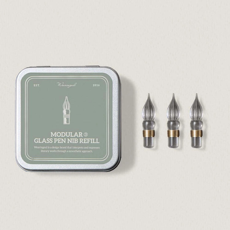 A refill set designed to extend your glass pen's life. This set includes 3 replacement nibs in a metal tin with foam cushion for safe keeping.&nbsp;

The nibs use a screw type mechanism for easy replacement and cleaning.&nbsp;

Compatible with Wearingeul Modular Glass Pen