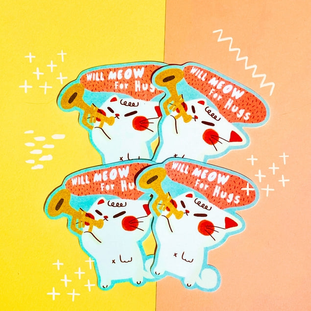 Pegatina de vinilo con el mensaje "Will Meow For Hugs"