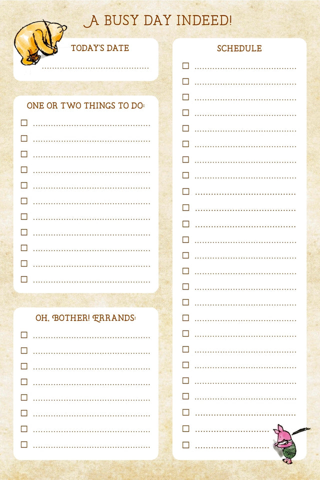 Winnie-The-Pooh Daily Planner Note Pad


Manage each busy day with the help of Winnie-the-Pooh and Piglet, too! Sheets of daily to-do lists take the guesswork out of planning. Versatile pad allows you to easily jot down the date, things to do, errands, and your schedule. Each sheet tears off cleanly, allowing you to take your plans wherever you go. Feel satisfyingly productive as you check off each accomplishment! Simplify your life with lists.

Enjoy 60 sheets for all your planning needs. Thick, smooth-fin