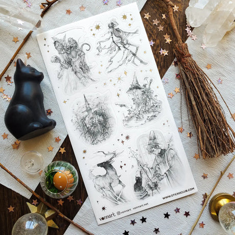  Step into @vonnart’s spellbound woodland, where stars glitter overhead and the forest keeps its secrets well. A crowned figure cloaked in bones, towering mushrooms, witchy alchemy, and an otherworldly stag emerge like fragments of a dark fairytale. Haunting, whimsical, and beautifully imaginative, it will bring a touch of forest magic to your pages.

Art by: @vonnart

One sticker sheet is included.
Top Coating: Silver foil
Adhesive Layer: Paper
Backing Layer: Paper
Size: 6.69"x3.54"
Weight-0.03oz
