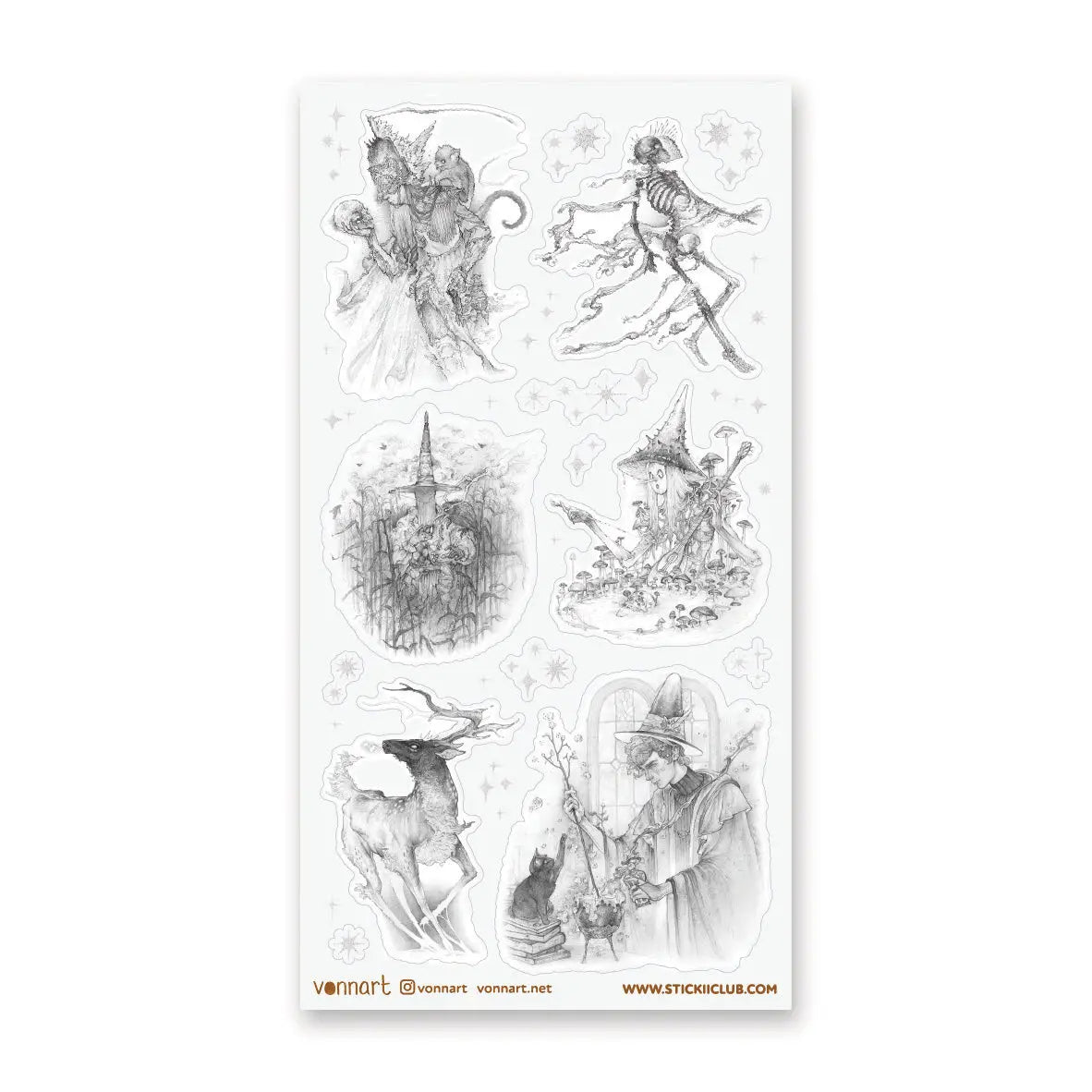  Step into @vonnart’s spellbound woodland, where stars glitter overhead and the forest keeps its secrets well. A crowned figure cloaked in bones, towering mushrooms, witchy alchemy, and an otherworldly stag emerge like fragments of a dark fairytale. Haunting, whimsical, and beautifully imaginative, it will bring a touch of forest magic to your pages.

Art by: @vonnart

One sticker sheet is included.
Top Coating: Silver foil
Adhesive Layer: Paper
Backing Layer: Paper
Size: 6.69"x3.54"
Weight-0.03oz

