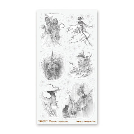  Step into @vonnart’s spellbound woodland, where stars glitter overhead and the forest keeps its secrets well. A crowned figure cloaked in bones, towering mushrooms, witchy alchemy, and an otherworldly stag emerge like fragments of a dark fairytale. Haunting, whimsical, and beautifully imaginative, it will bring a touch of forest magic to your pages.

Art by: @vonnart

One sticker sheet is included.
Top Coating: Silver foil
Adhesive Layer: Paper
Backing Layer: Paper
Size: 6.69"x3.54"
Weight-0.03oz
