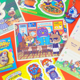 Illustration depicting our original characters Rémi, Bibule, and Pompon at the bistro with Claude, the waiter.

• Postcard size A6 (14.8 × 10.5 cm)
• Old Mill Premium White 300g paper
• Digital printing
• Printed in France