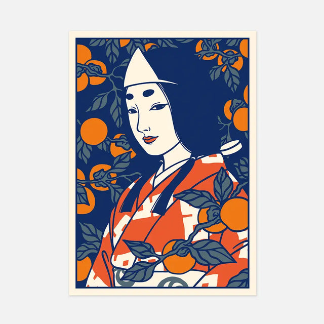 This portrait represents a yūrei (Japanese ghost) wearing a hitaikakushi (white paper triangle) on her forehead. Her makeup and hair are inspired by the style of the Heian period (794-1185). It is surrounded by persimmons, which are a very popular fruit in Japan.

• Postcard size A6 (14.8 × 10.5 cm)
• Old Mill Premium White 300g paper
• Digital printing
• Printed in France