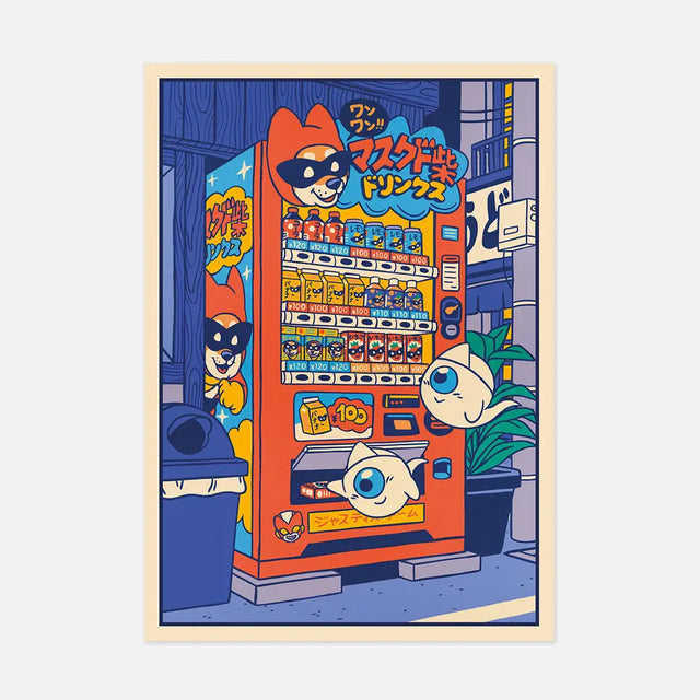 Yeaaah! Studio Post Card - Diner en Ville 3

“Dinner in town 3/4 - Wait, I'm getting a juice!” Painting created for my solo exhibition Itadakimasu at Outré Gallery in Melbourne, Australia. This series of 4 paintings has as characters Yû and Rei, 2 little gourmet ghosts who head for a restaurant and make a few stops along the way. In this image, we see them stop in front of a vending machine selling drinks in the colors of Masked Shiba to have a fruit juice.

• Postcard size A6 (14.8 × 10.5 cm)
• 300gm2 recy