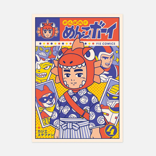 Fake book cover inspired by Tokusatsu manga and series from the Showa era. Translation: ‼ (Ganbare! Menk Boy) - Give it all, Menko Boy! Cottage - Casier Stéphane

• Postcard size A6 (14.8 × 10.5 cm)
• Old Mill Premium White 300g paper
• Digital printing
• Printed in France