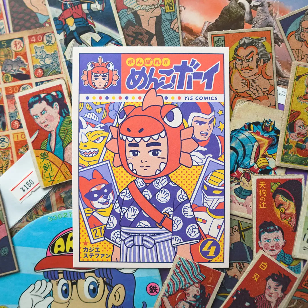 Fake book cover inspired by Tokusatsu manga and series from the Showa era. Translation: ‼ (Ganbare! Menk Boy) - Give it all, Menko Boy! Cottage - Casier Stéphane

• Postcard size A6 (14.8 × 10.5 cm)
• Old Mill Premium White 300g paper
• Digital printing
• Printed in France