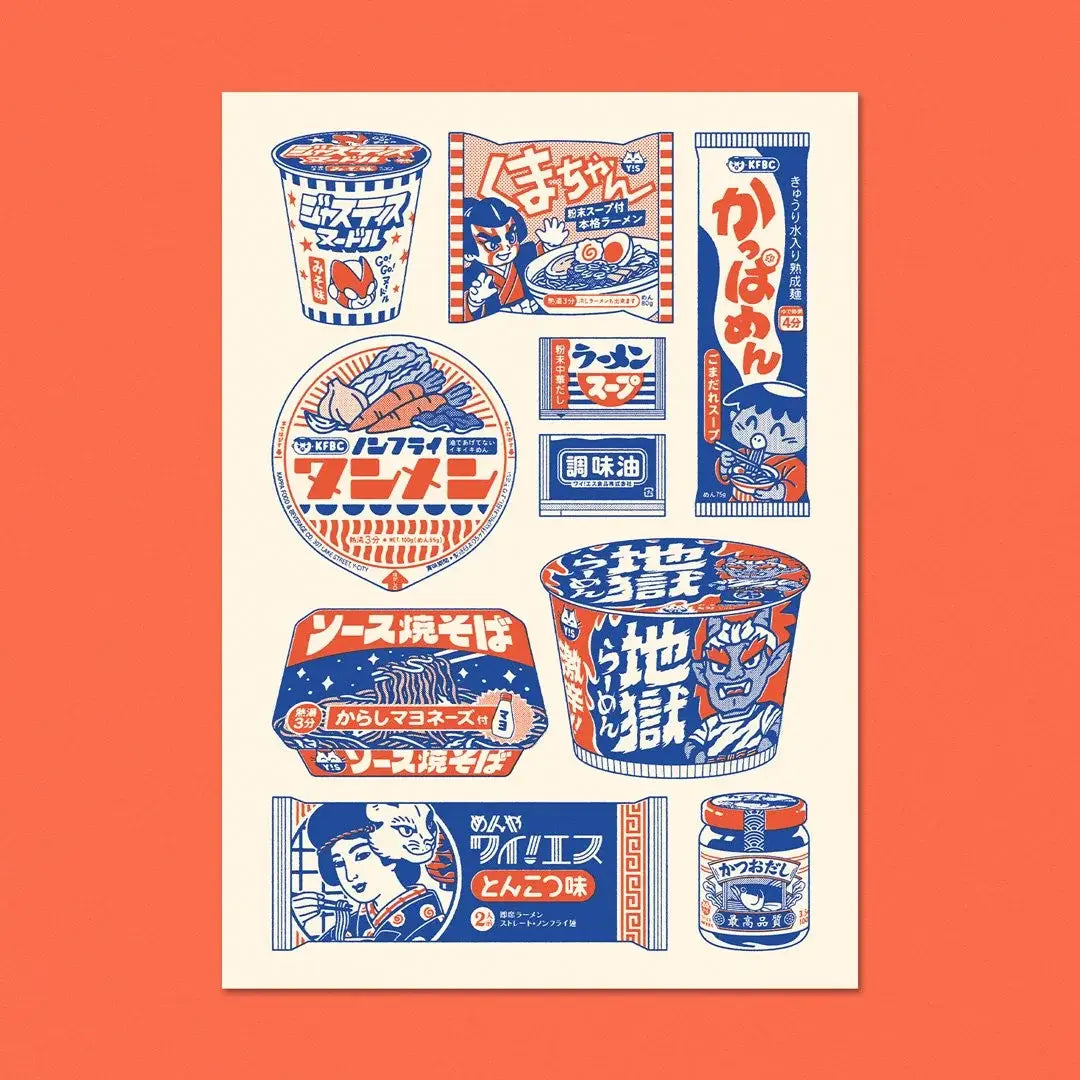 This illustration is a compilation of fake instant noodle packaging that I created.

• Postcard size A6 (14.8 × 10.5 cm)
•Fedrigoni Arena 300g/m2 FSC certified paper
• Printed in France