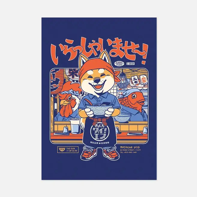 This illustration is part of our “Ramen is Love” collection.
It represents one of our original characters, Mimi the Shiba, dressed as a waiter at a fictional ramen restaurant named Menya Y! S ( EUS). He warmly welcomes guests with the famous Irasshaimase (Irasshaimase) which simply translates to “welcome.” He is wearing a traditional apron (maekake) featuring the establishment's logo. The decor is inspired by the fabulous Kodawari Ramen restaurants in Paris. The cooks are also a nod to two T-shirt designs t