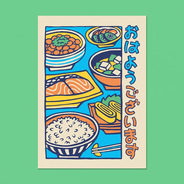 This illustration represents a traditional Japanese breakfast consisting of many dishes (miso soup, fish, white rice, marinated vegetables, natto, and omelet). The expression The graphic style is inspired by commercial illustrations from the beginning of the 20th century.

• Postcard size A6 (14.8 × 10.5 cm)
•Fedrigoni Arena 300g/m2 FSC certified paper
• Printed in France