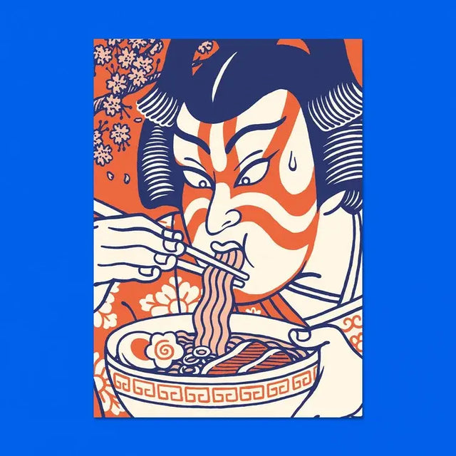 This illustration is inspired by Japanese prints (ukiyo-e) and represents a traditional Kabuki theater actor eating a bowl of ramen.

• A6 size postcard (10.5 x 14.8cm)
• Fedrigoni Woodstock 260g/m2 paper
• 80% recycled fibers, acid-free, FSC certified
• printed in France