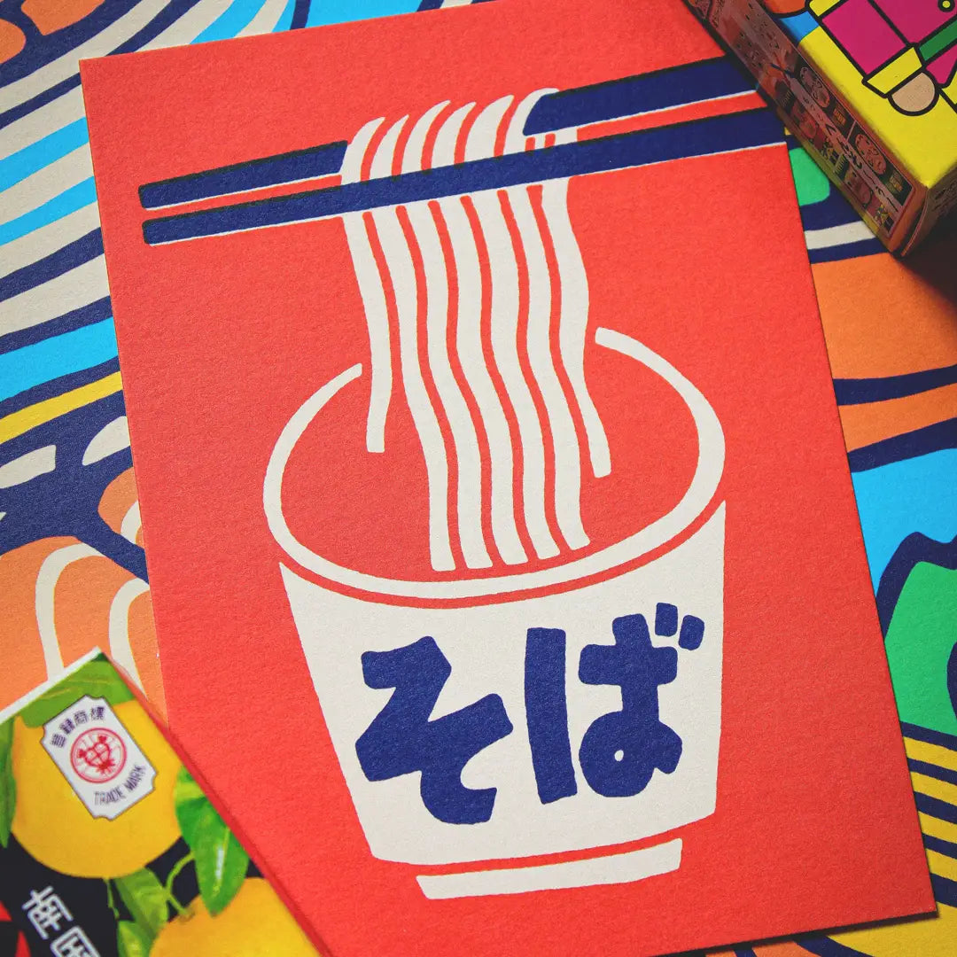 This illustration is inspired by Japanese commercial illustrations from the early 20th century. It's a false brand for soba which are buckwheat noodles.

• Postcard format A6 (14.8 x 10.5cm)
• Fedrigoni Arena 300gm2 FSC certified paper
• printed in France
