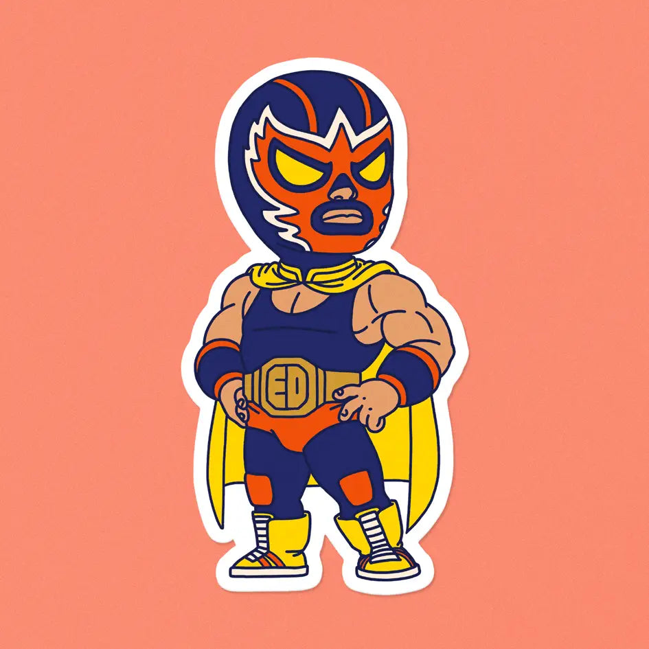 Here is El Diablo, one of our original characters inspired by Mexican pop culture. His real name is Angelo. He is a very shy and polite boy in life, but a real beast in the ring. He is secretly in love with Ina and took up wrestling to impress her, as her father, Great Kitsune, is a famous wrestler.

• Vinyl sticker
• 4.3 x 8 cm
• PVC-free
• UV varnish
• Suitable for outdoor use
• Printed in Sweden