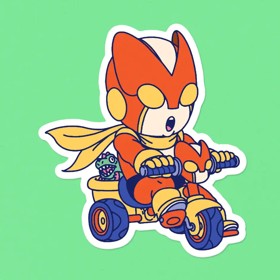 Here is Justice-kun, the little superhero on his tricycle.

• Vinyl sticker
• 6.1 × 6.9 cm
• PVC-free
• UV varnish
• Suitable for outdoor use
• Printed in Sweden
