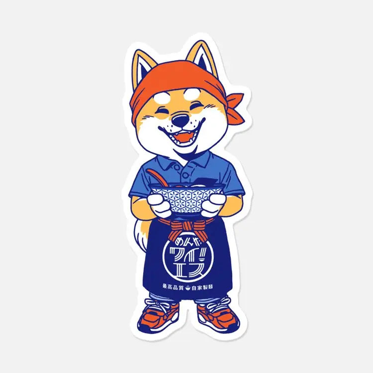 This illustration is part of our “Ramen is Love” collection.
It represents one of our original characters, Mimi the Shiba, dressed as a waiter at a fictional ramen restaurant named Menya Y! S (！ ). He wears a traditional apron (maekake) with the hotel logo.

• Vinyl sticker
• 3.8x9 cm
• PVC free
• Anti-UV varnish
• Can be used outside
• Printed in Sweden