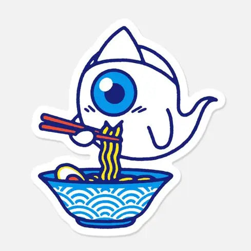 This illustration is part of our “Ramen is Love” collection.
It represents one of our original characters inspired by Japanese pop culture and stories, Yû, eating a bowl of ramen. Yū is a yûrei (Japanese ghost), as indicated by the white triangle on his forehead called Hitaikakushi.

• Vinyl sticker
• 5.4 x 6 cm
• PVC free
• Anti-UV varnish
• Can be used outside
• Printed in Sweden