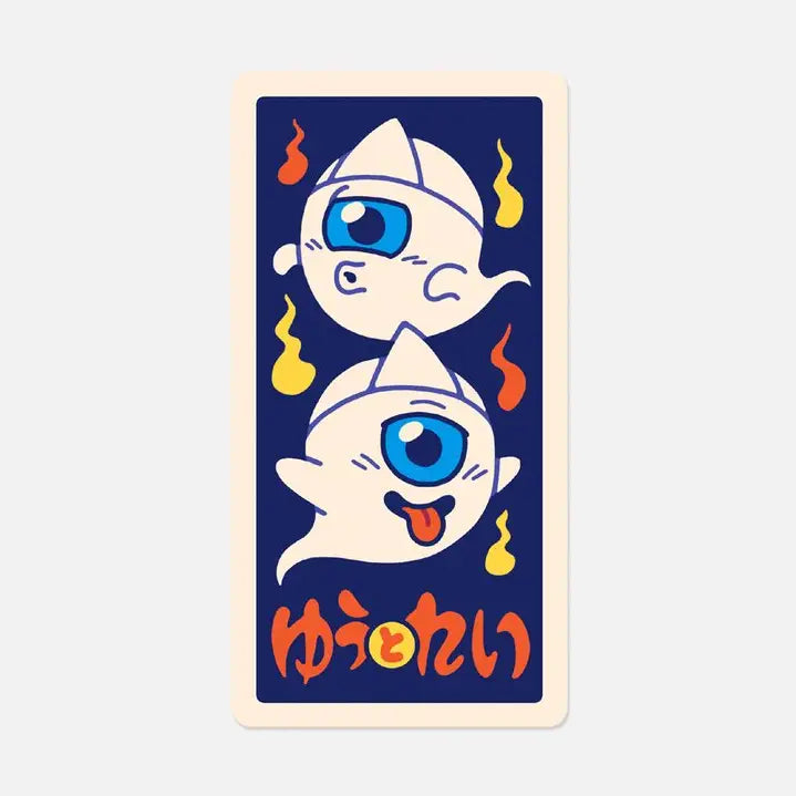 This illustration is inspired by Menko cards, an ancient Japanese game similar to the Pog game. The cards, made of more or less thick cardboard, were usually illustrated with characters from manga/TV series/movies, or athletes (mainly baseball players and sumos).

On this menko we can see Yû and Rei (), the little ghosts, two of our original characters.
The white triangle on their foreheads is called hitaikakushi and is a traditional attribute of yûrei (Japanese ghosts).

• Vinyl sticker
• 4.5 x 8.8 cm
• PV