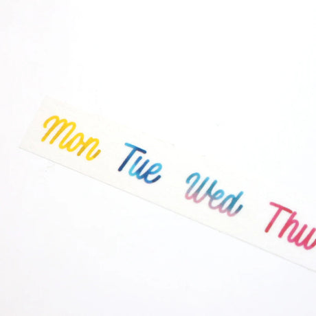 Colorful Days of the Week Washi Tape by forme.

The letters drawn using brush pens, glass pens, ornament nibs, etc. are very beautiful, but you can feel the bleeding of the ink, the strength and fluctuation of the writing lines, the shade of the ink, and the faintness of the ink.