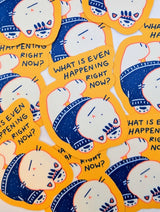 Feeling overwhelmed by the absurdity of the world? This existential crisis cat sticker perfectly captures that what is even happening right now? moment we all experience—especially in today’s political climate. Featuring a cute cartoon cat lying belly-up in pure bewilderment, this funny political sticker blends humor with relatable frustration.