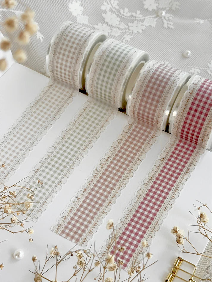 ♡ beige, sage green, brown, cherry red plaid ruffles die cut washi tape

♡ perfect for layering or adding backgrounds!

♡ 30mm wide die cut washi is very delicate, careful when unraveling!

♡ all washi is 10m long