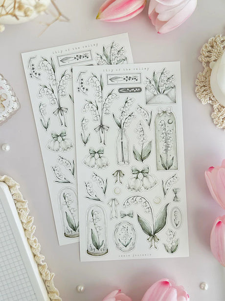 leelajournals Lily of the Valley &amp; Frames 2 Sticker Sheet - 2 pc Set

♡ 2pc sticker sheet set - 2 large

♡ pet matte (clear)

♡ all sheet dimensions estimated: L: 4x7 (in) | S: 4x3 (in)