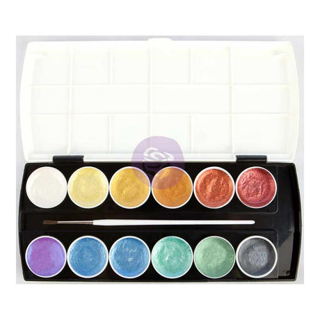 These water activated pans are perfect for adding detailed metallic accents to any craft project. Use on flowers and resin embellishments. Great for coloring books and more. Includes white noise, fiber optic, brilliant gold, celestial, star corona, supernova, ultraviolet, infinite, blue aura, astral, stardust and black static